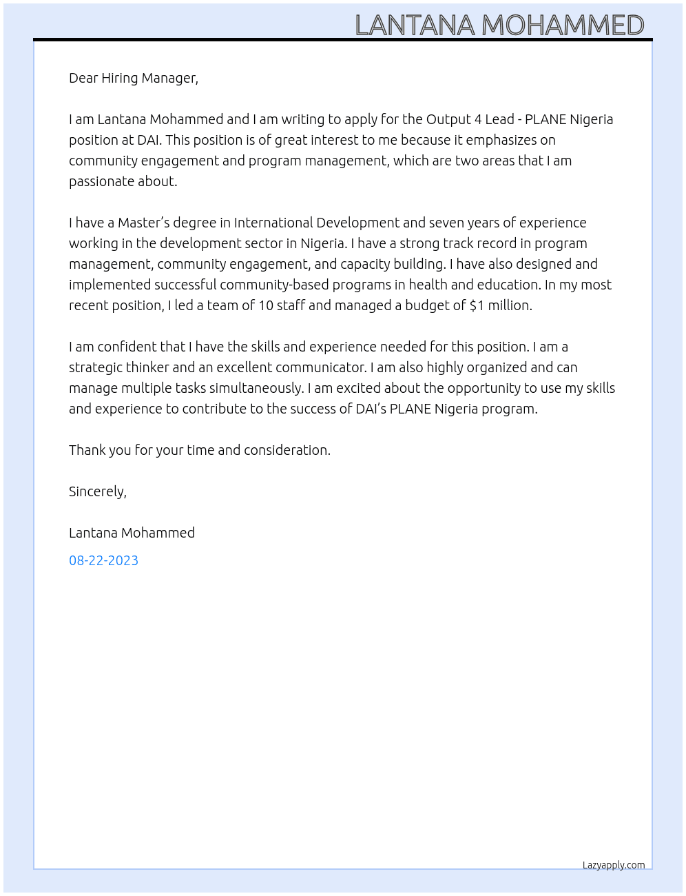 Output 4 Lead - PLANE Nigeria At DAI Cover Letter