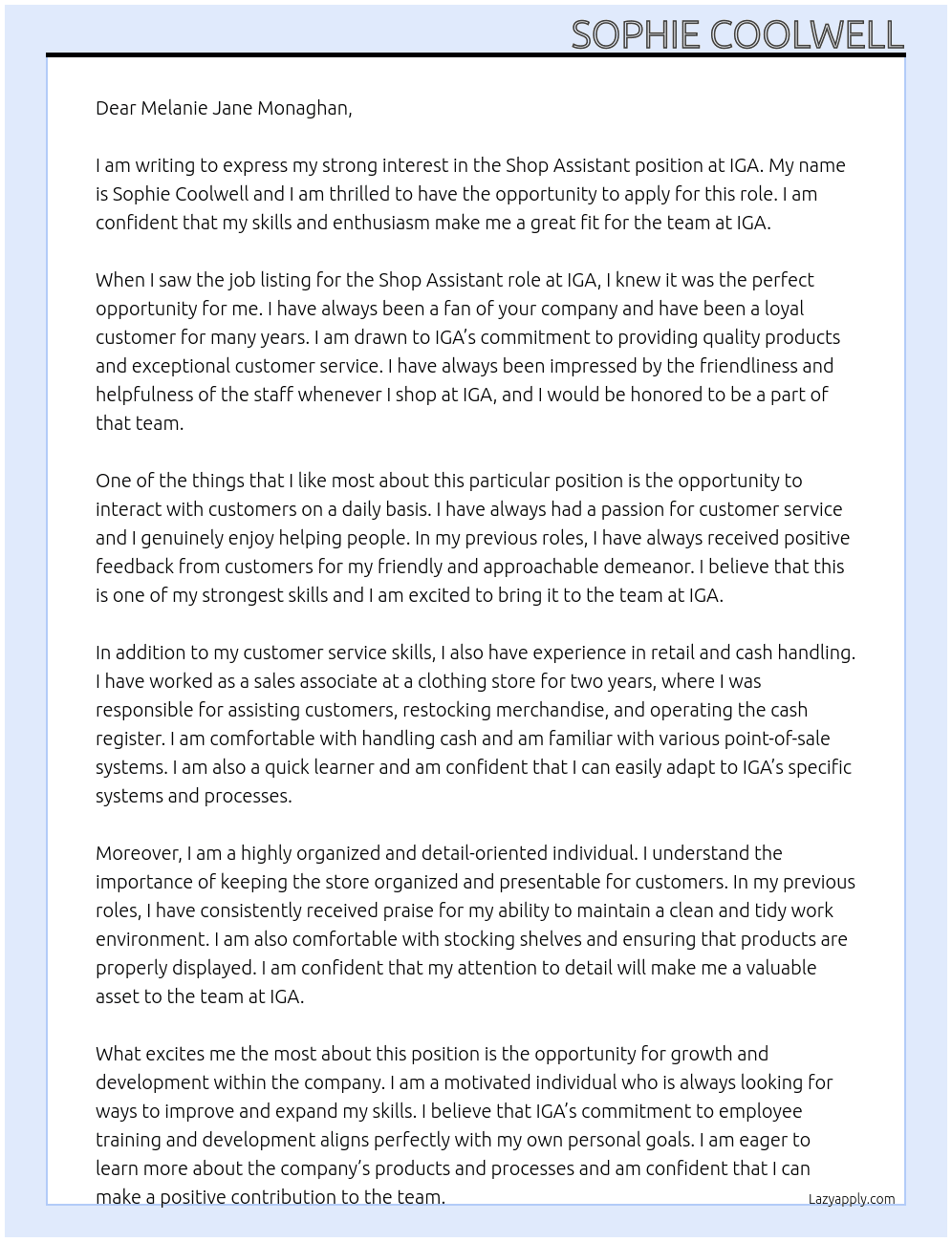 shop assistance At IGA Cover Letter