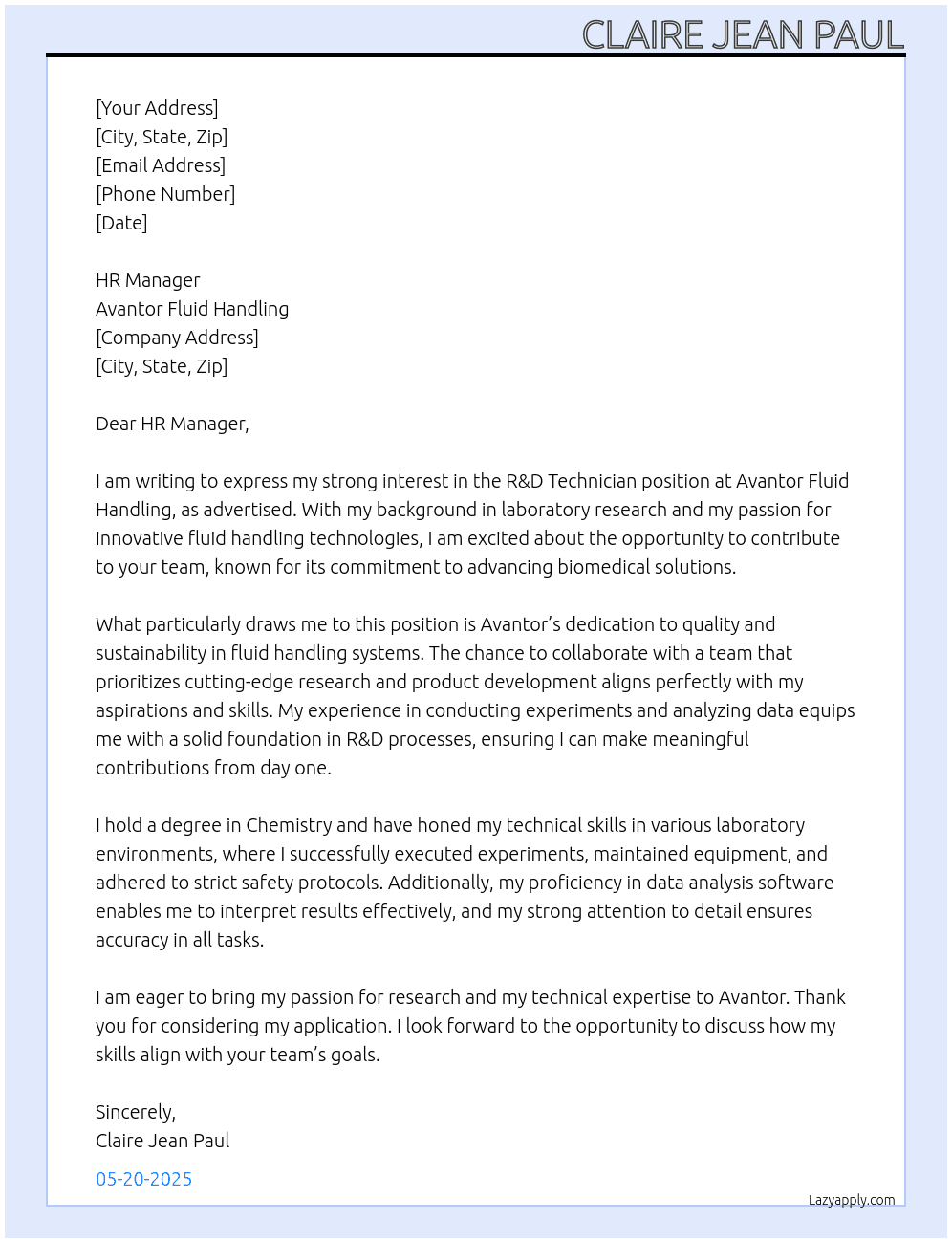 R&D Technician At Avantor Fluid Handling Cover Letter