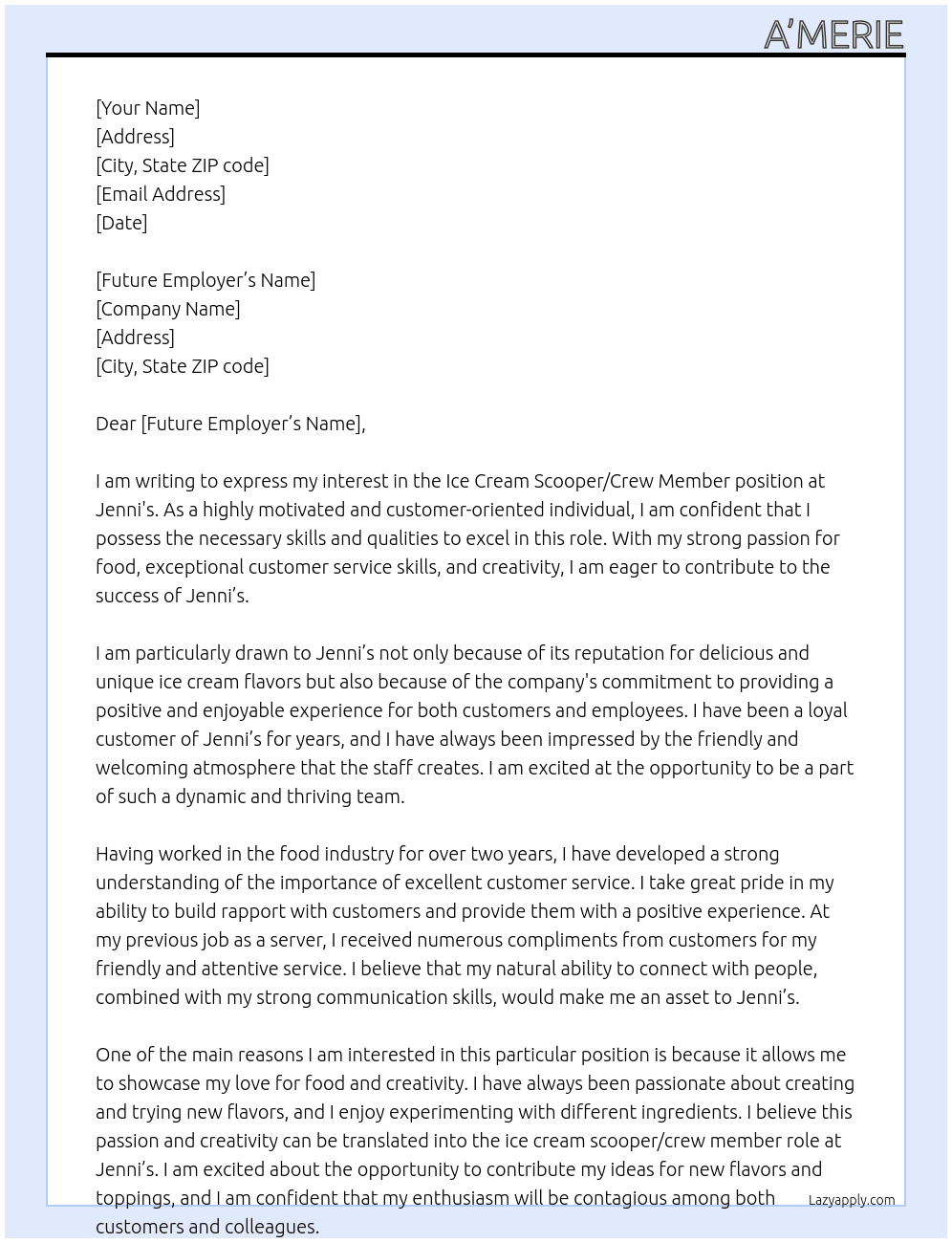 ice cream scooper/ crew member At jenni’s Cover Letter