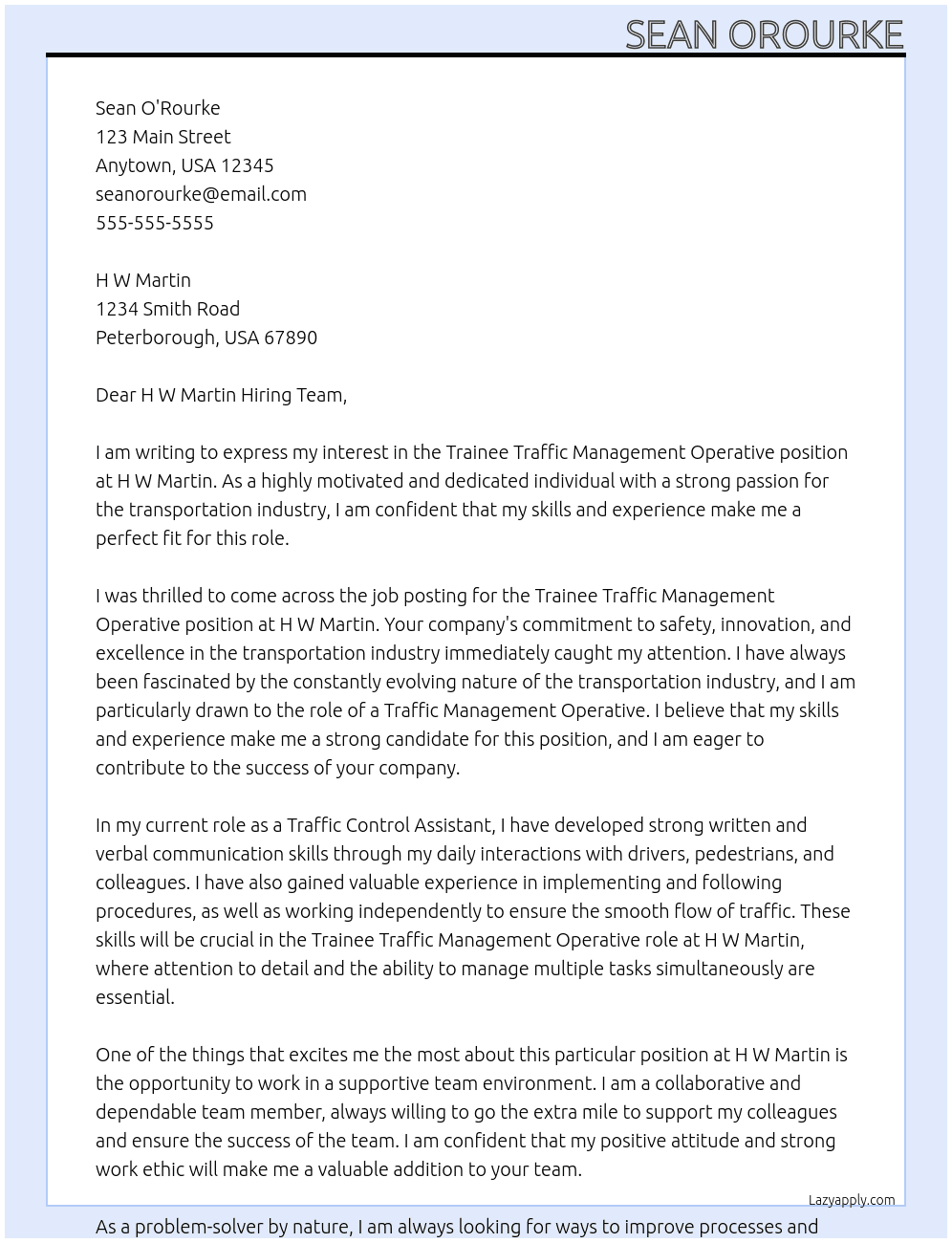 Trainee Traffic management operative At H w Martin  Cover Letter