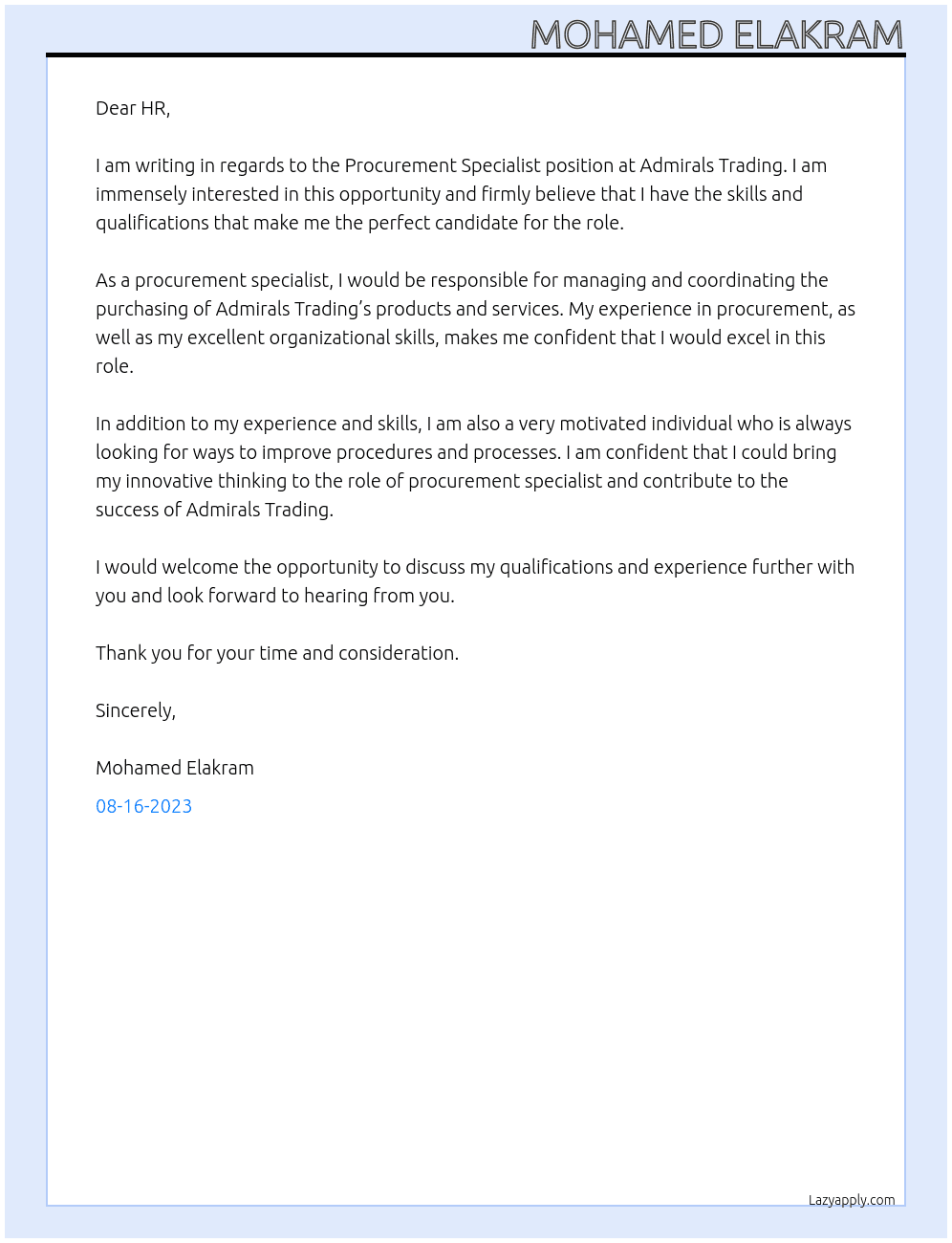 Procurement Specialist  At Admirals Trading Cover Letter
