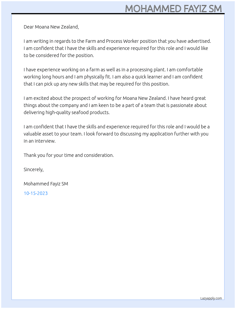 Farm and process worker At Moana New Zealand Cover Letter