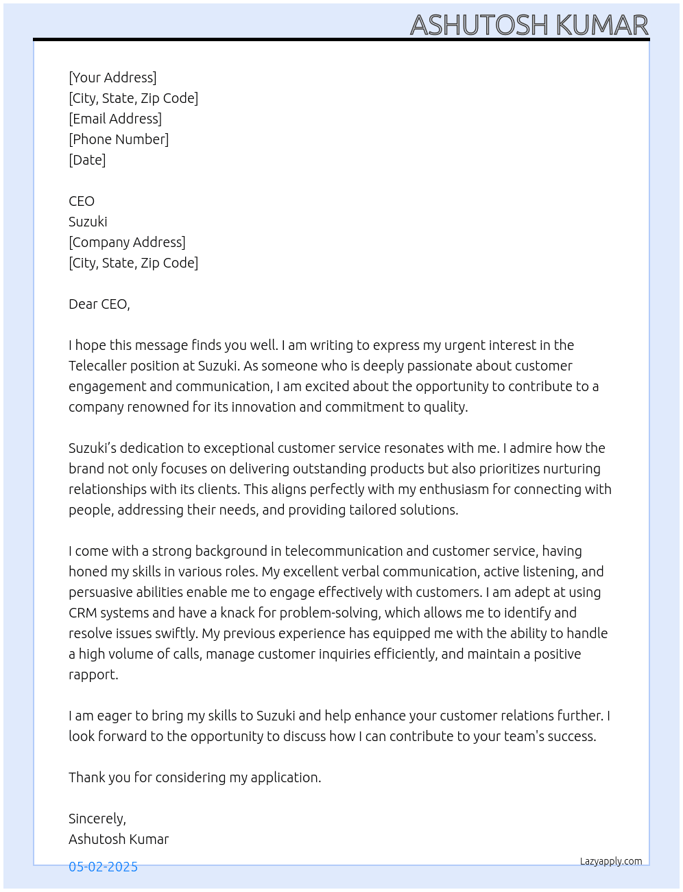 Telecaller At Suzuki  Cover Letter