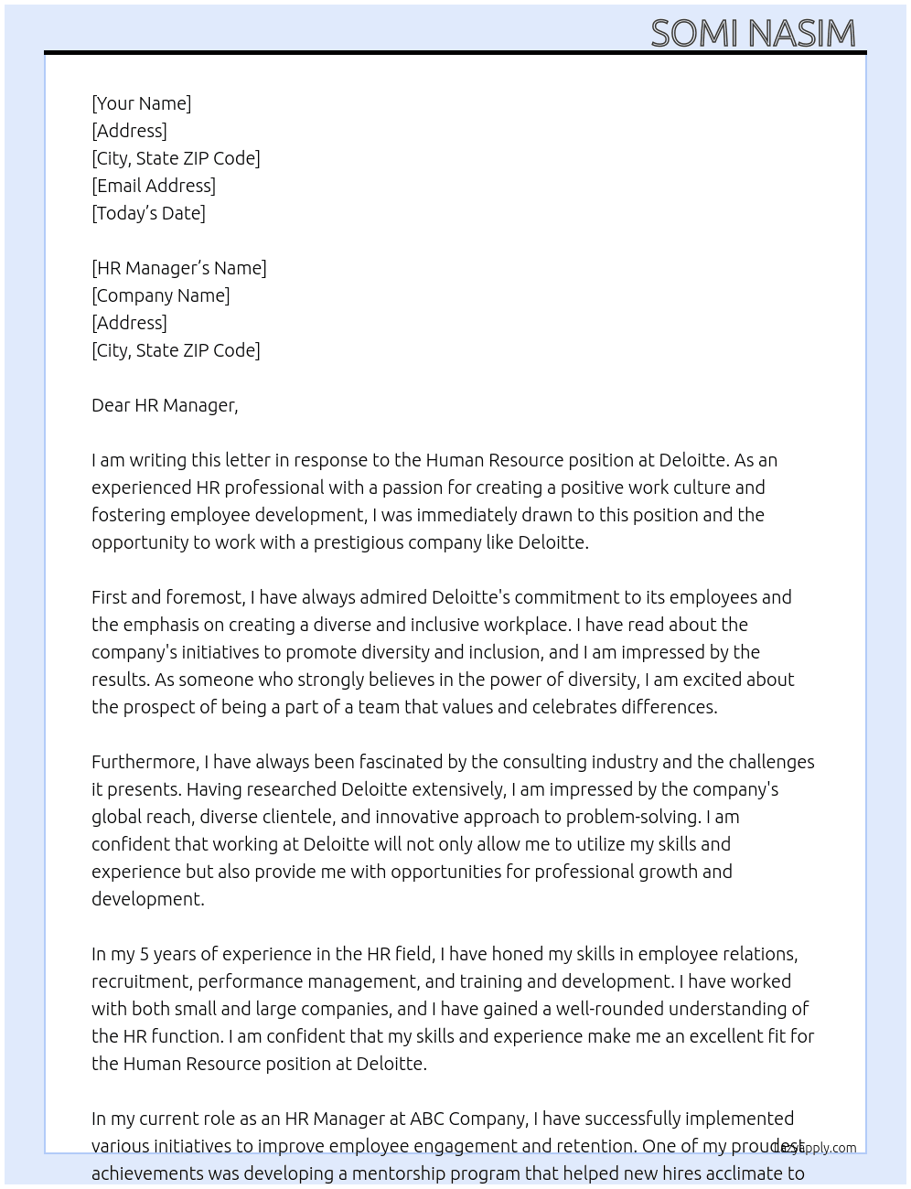 Human Resource  At Deloitte  Cover Letter