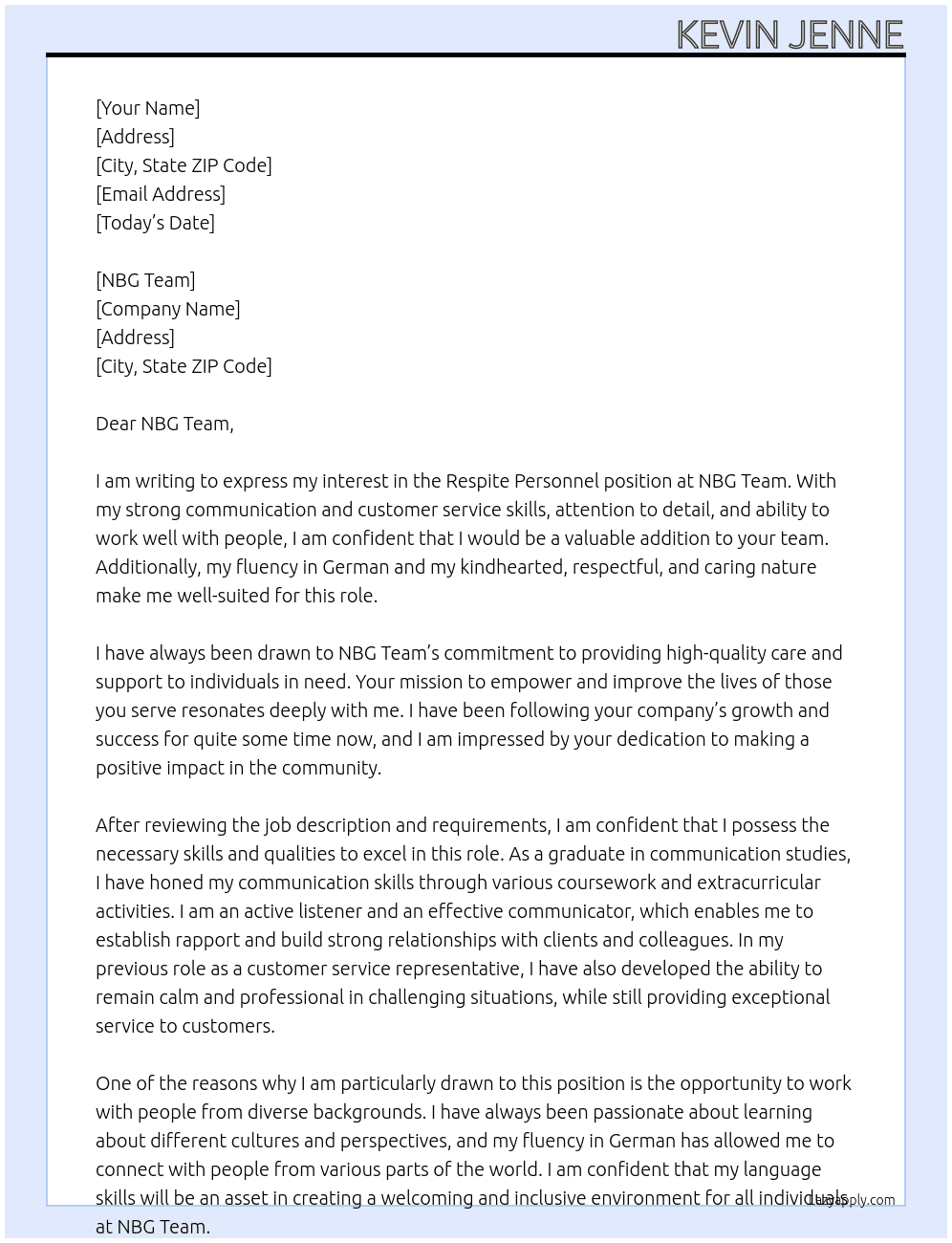 Respite personnel  At NBG Team Cover Letter