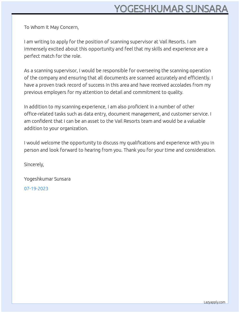Scanning Supervisor At VAIL RESORTS Cover Letter