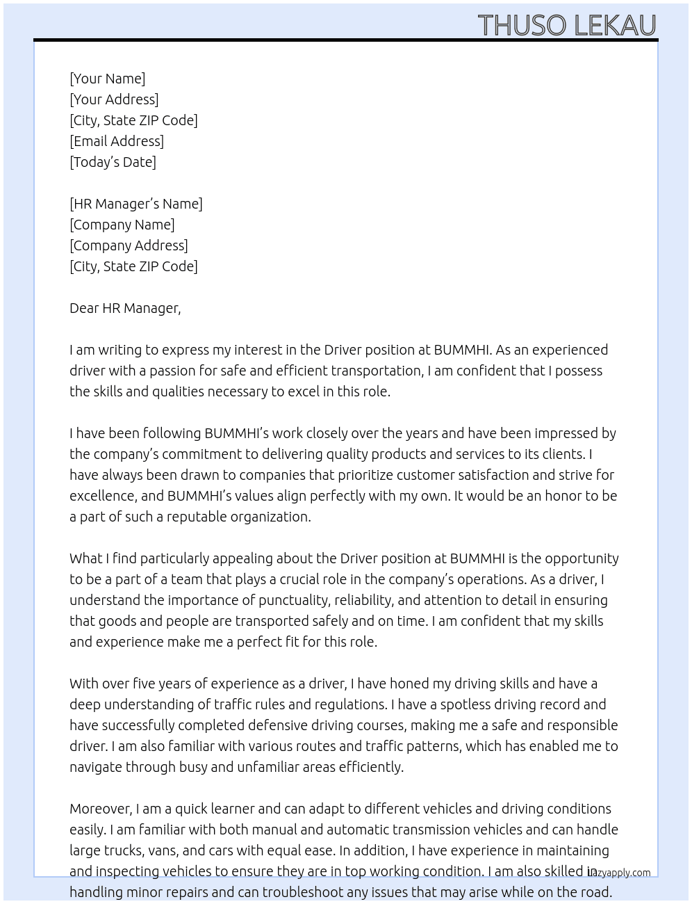 DRIVER At BUMMHI Cover Letter