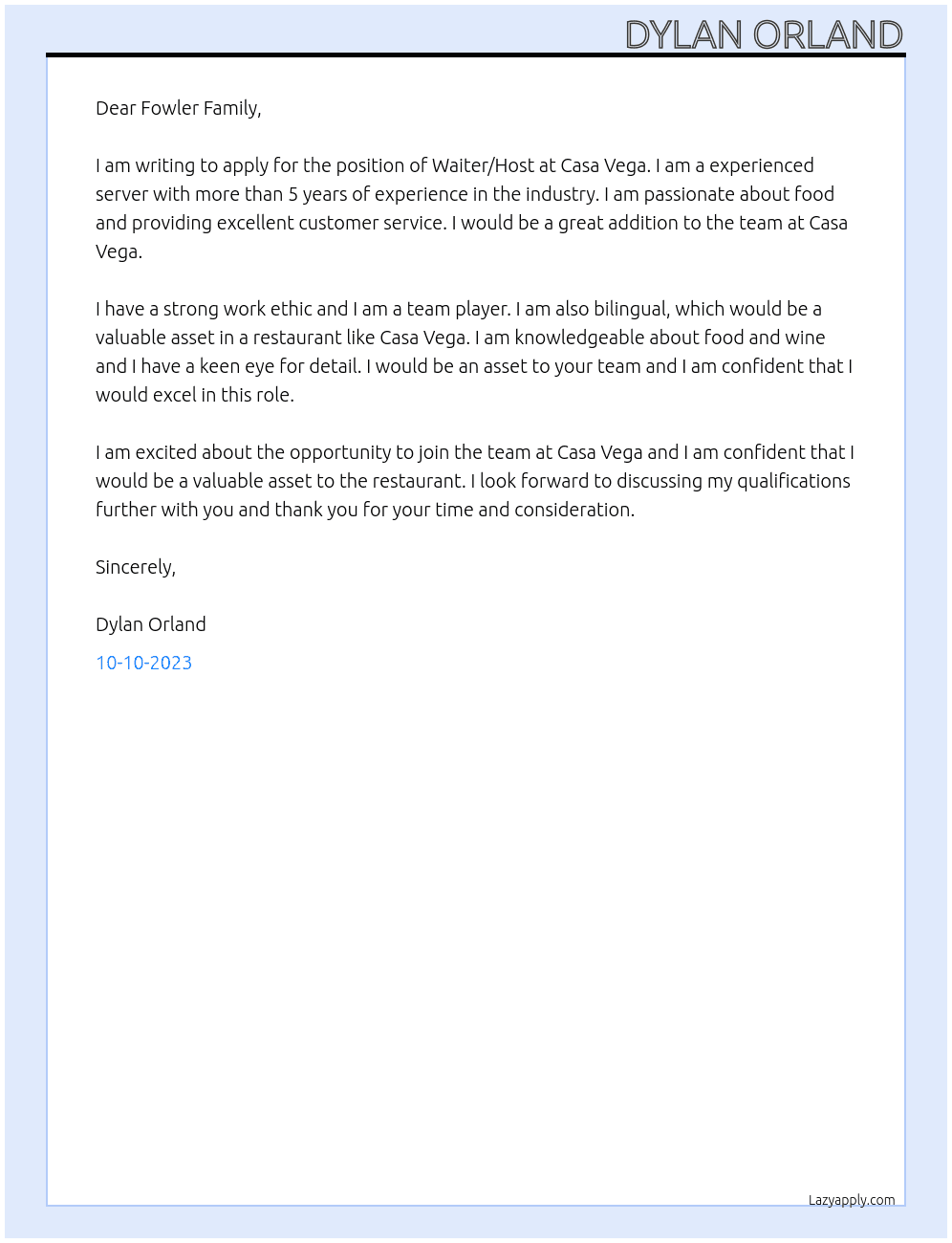 Waiter/Host At Casa Vega Cover Letter