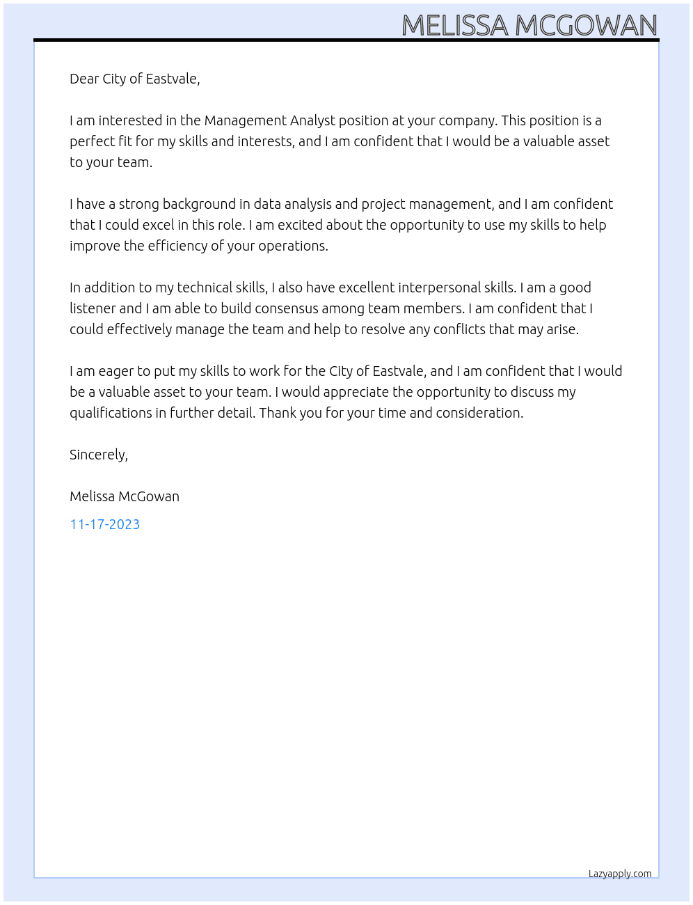 Management Analyst At City of Eastvale Cover Letter