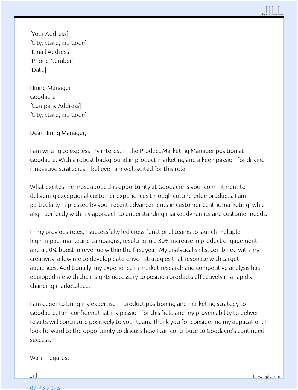 Product Marketing Manager At Goodacre Cover Letter