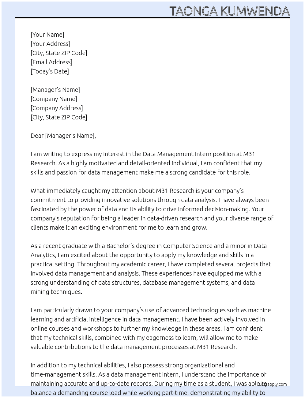 Data management Intern At M31 Research Cover Letter
