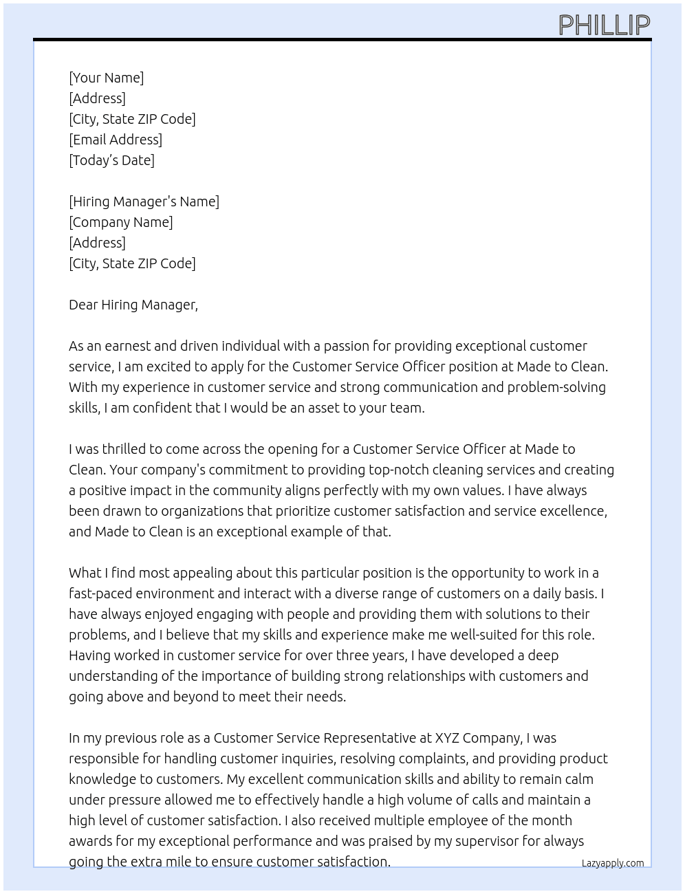 Customer Service Officer At Made to Clean Cover Letter