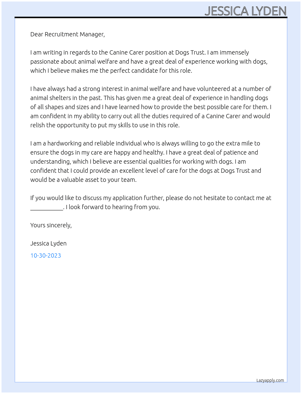 Canine Carer At Dogs Trust  Cover Letter