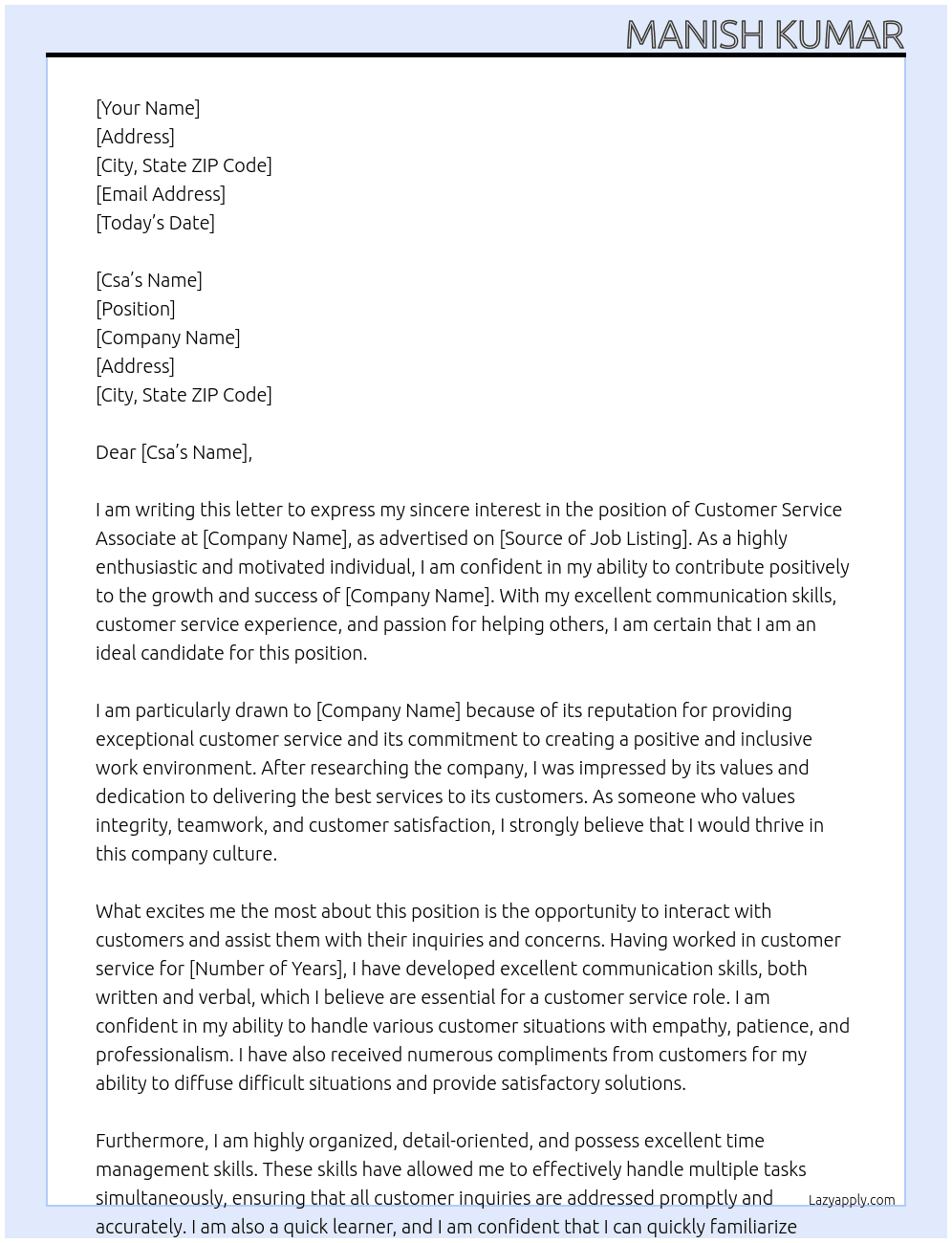 Customer service associate At Goindigo.in Cover Letter