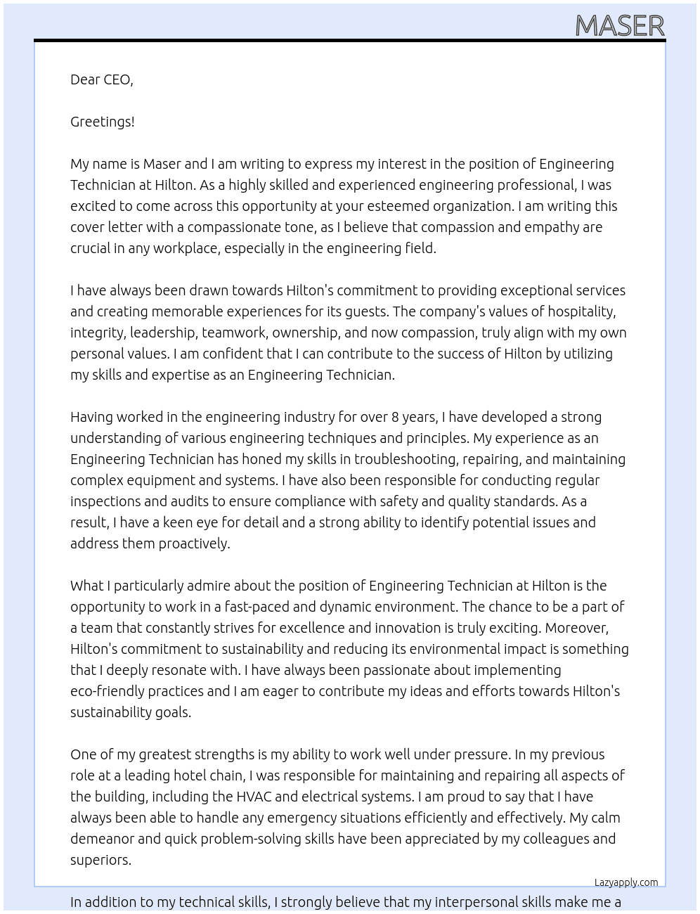 Engineering technician  At Hilton Cover Letter
