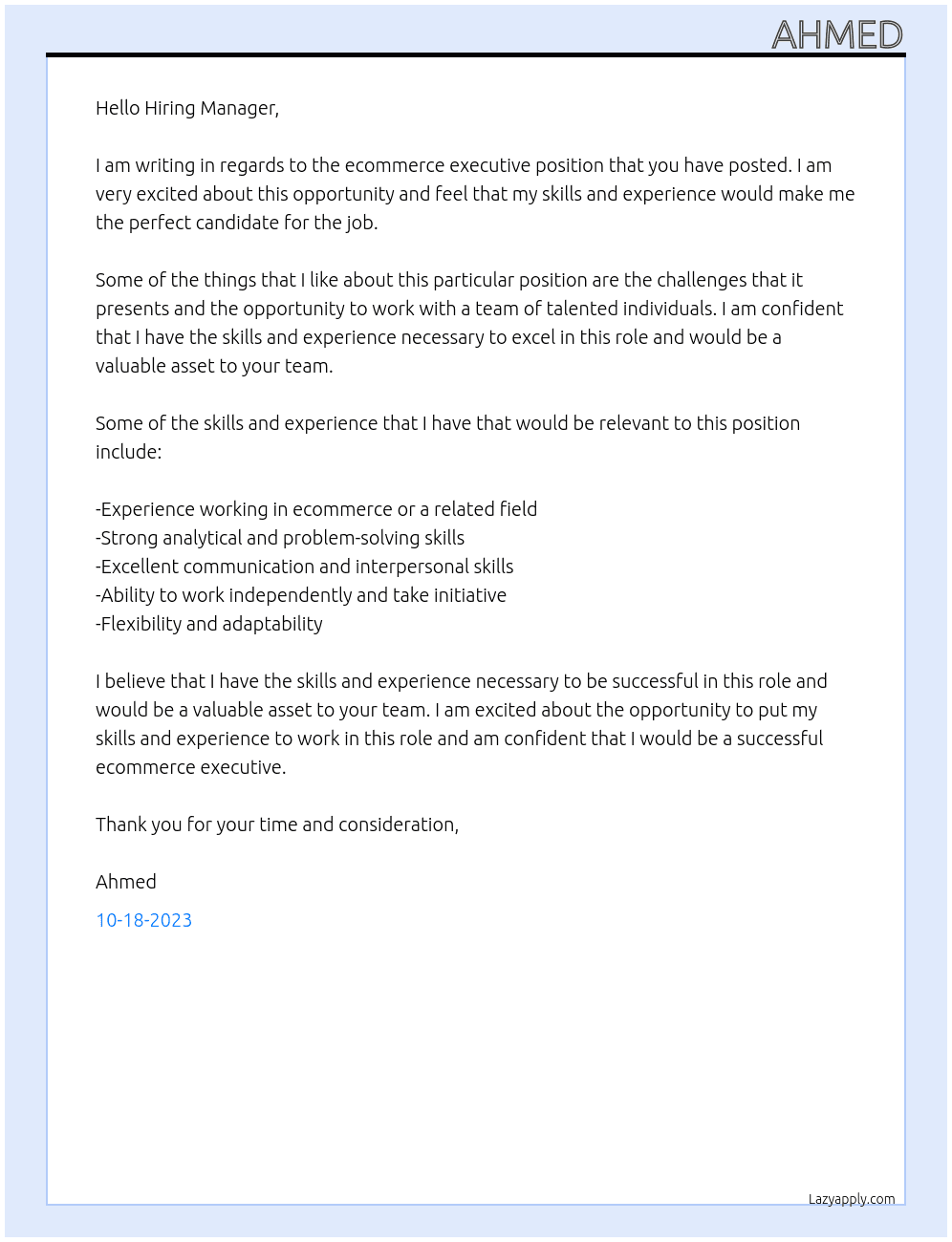 Ecommerce executive At The candidate Cover Letter