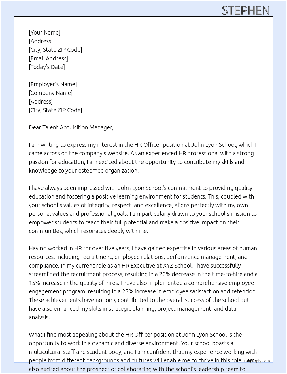 HR OFFICER At John Lyon school Cover Letter