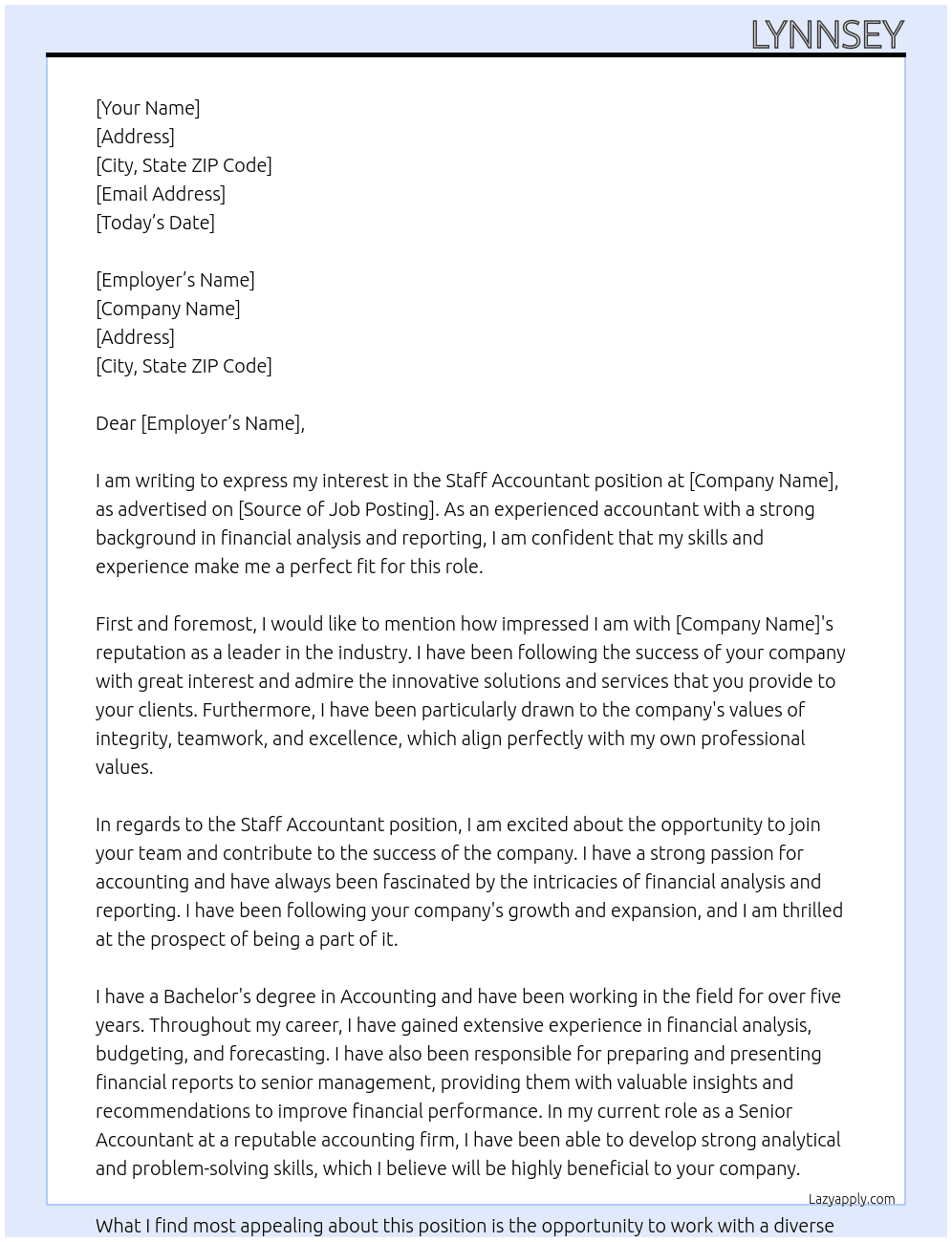 Staff Accountant At xx Cover Letter