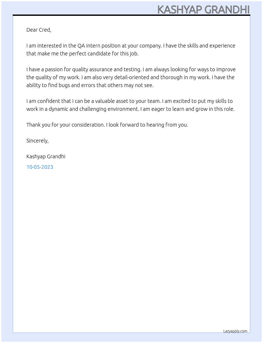 QA intern  At Cred Cover Letter