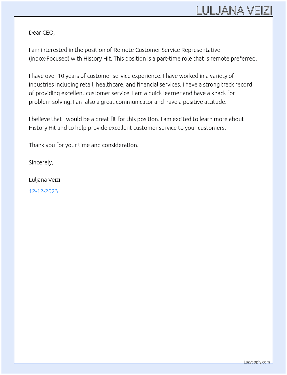 Remote Customer Service Representative (Inbox-Focused) At History Hit Cover Letter