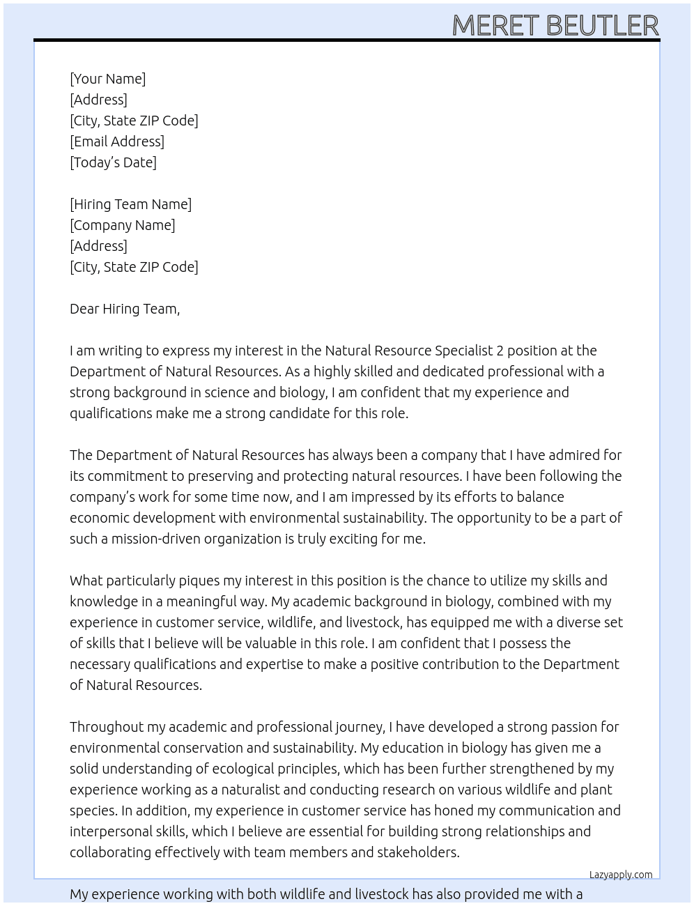 Natural Resource Specialist 2 At Department of Natural Resources Cover Letter