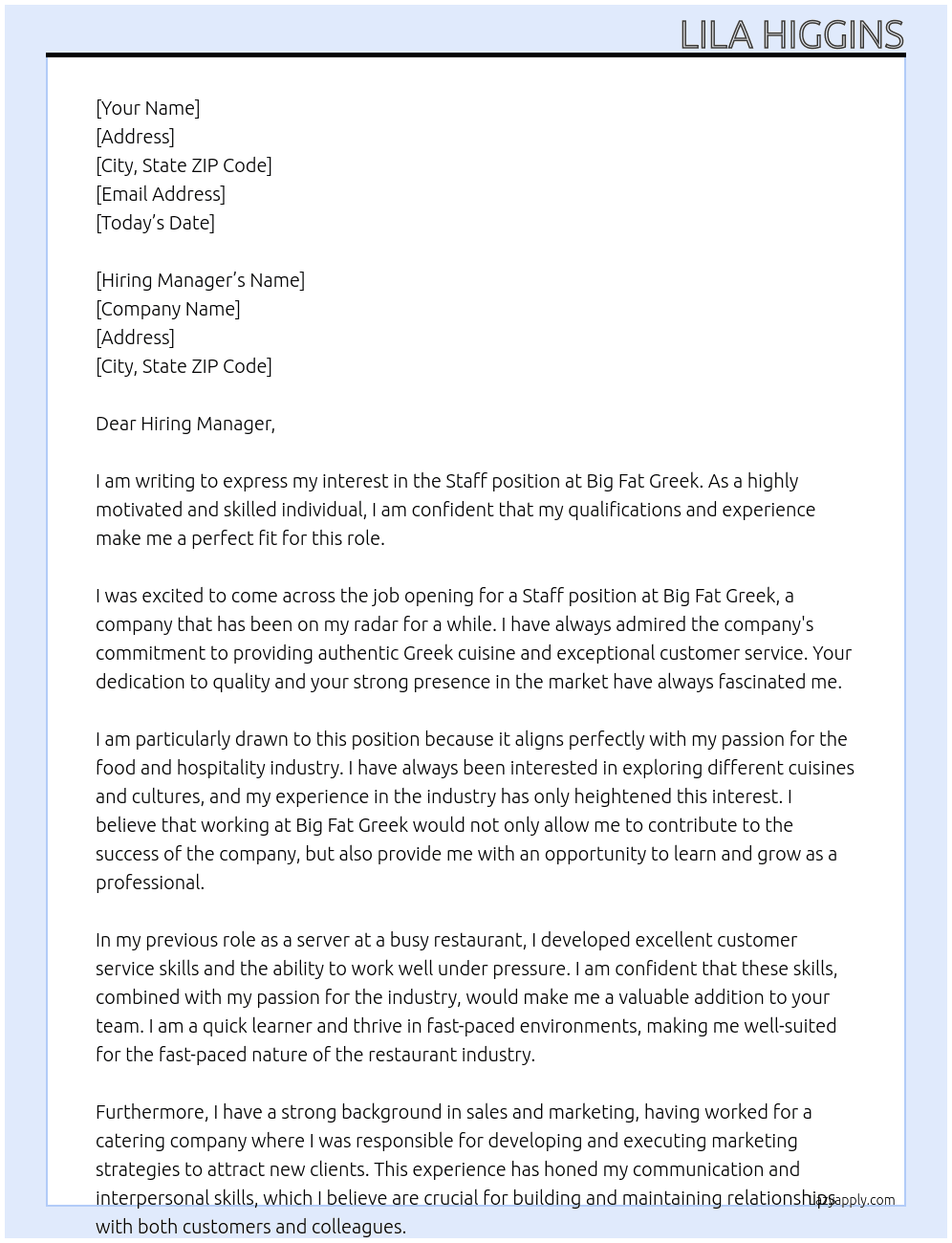 staff At Big Fat Greek Cover Letter