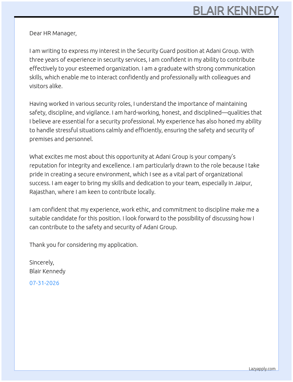 Security Guard  At Adani Group  Cover Letter
