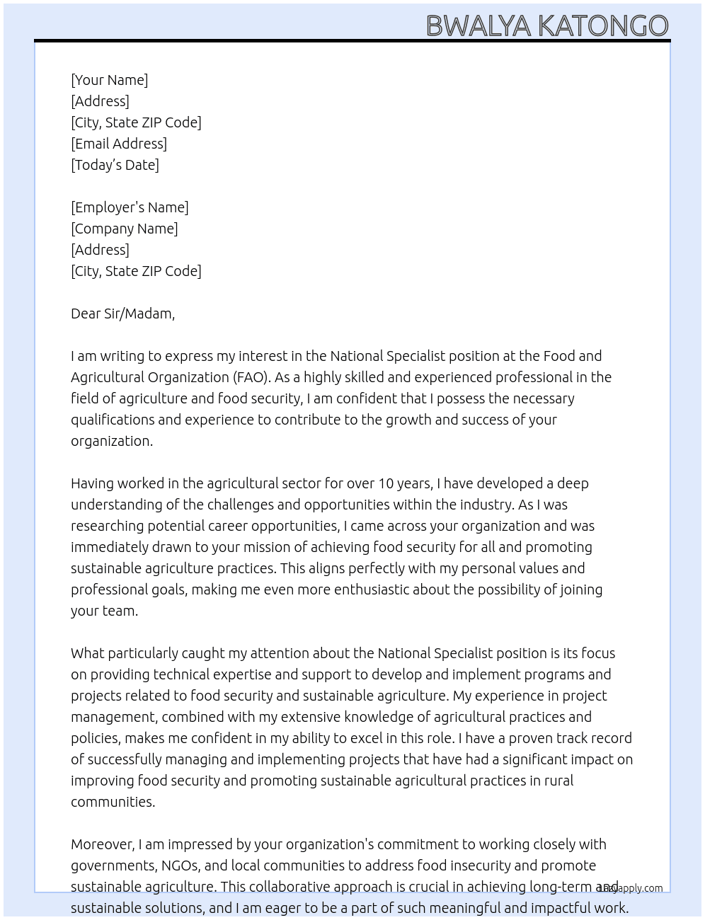 national specialist At food and agricultural organization Cover Letter
