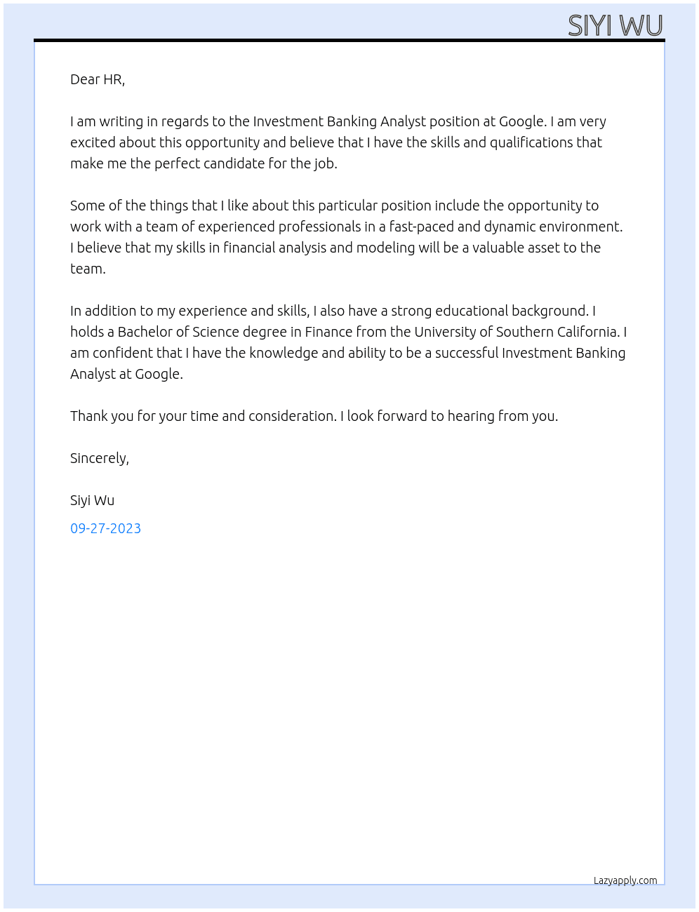 Investment Banking Analyst At Google Cover Letter