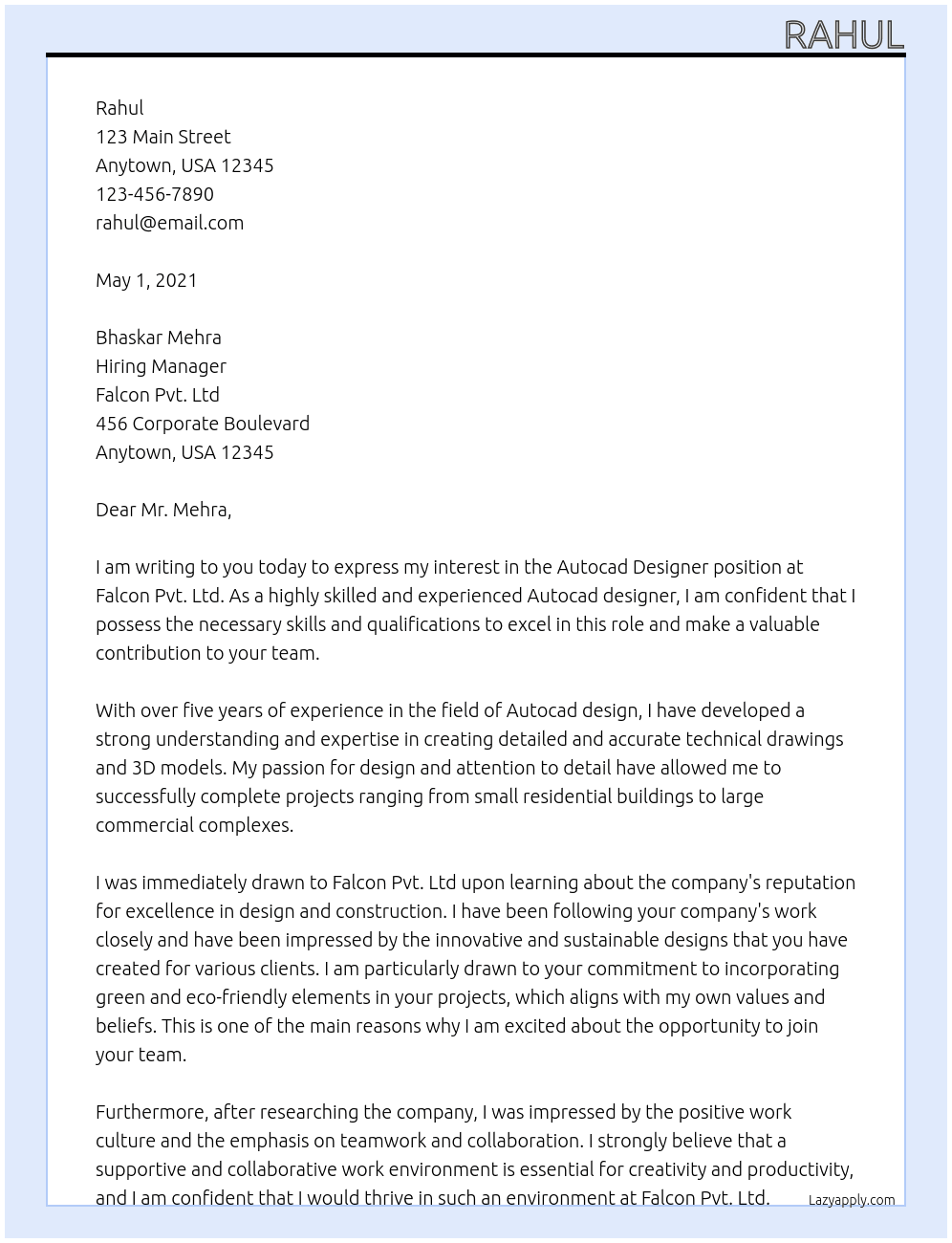 Autocad designer At Falcon Pvt. Ltd Cover Letter