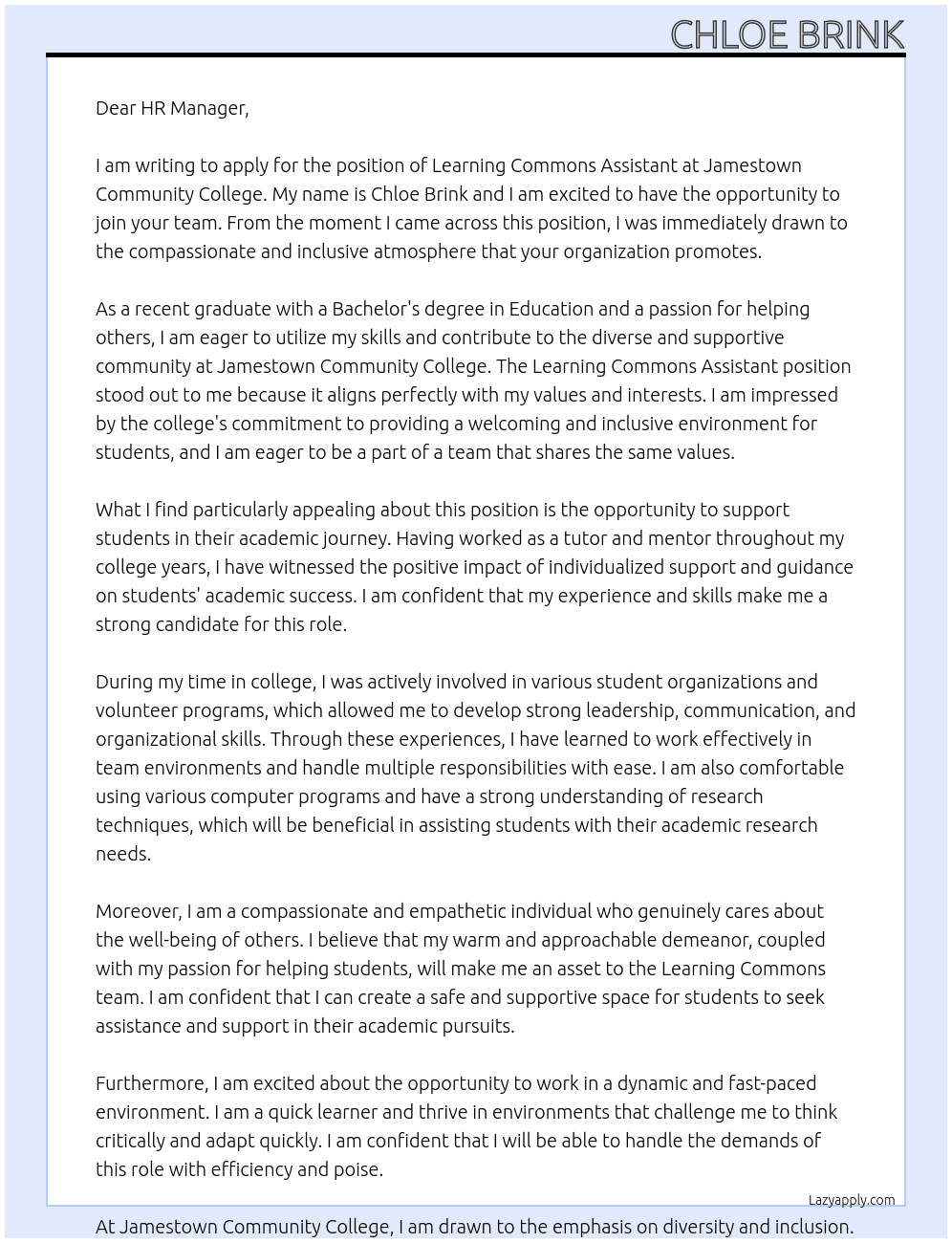 Learning Commons Assistant  At Jamestown Community College  Cover Letter