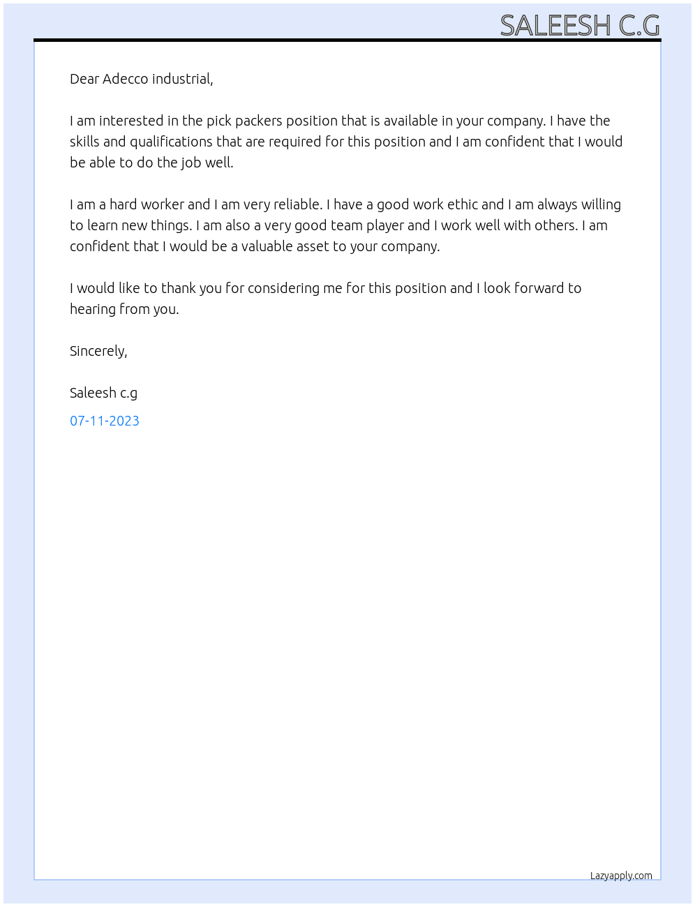 Pick packers  At Adecco industrial Cover Letter