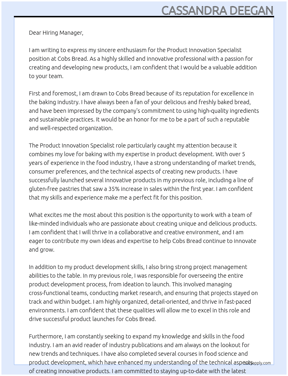 Product innovation Specialist At Cobs Bread Cover Letter