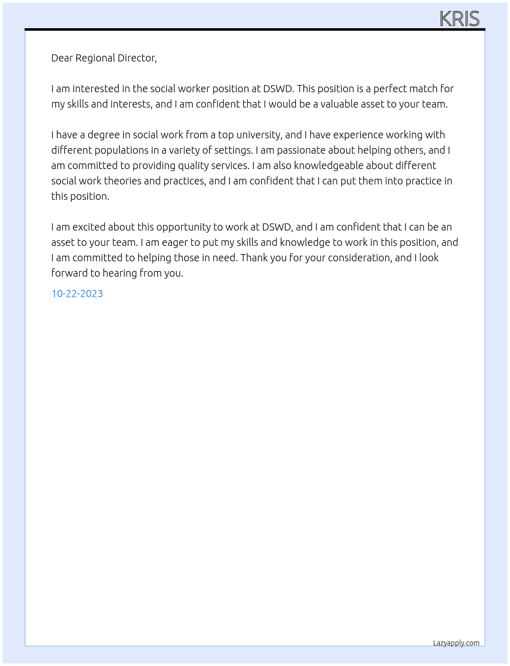 Social worker  At DSWD  Cover Letter