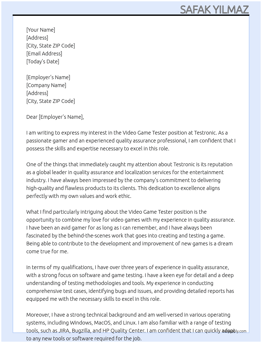 Video Game Tester At Testronic Cover Letter