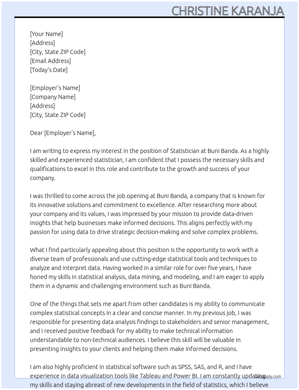 Statistician  At Buni banda  Cover Letter