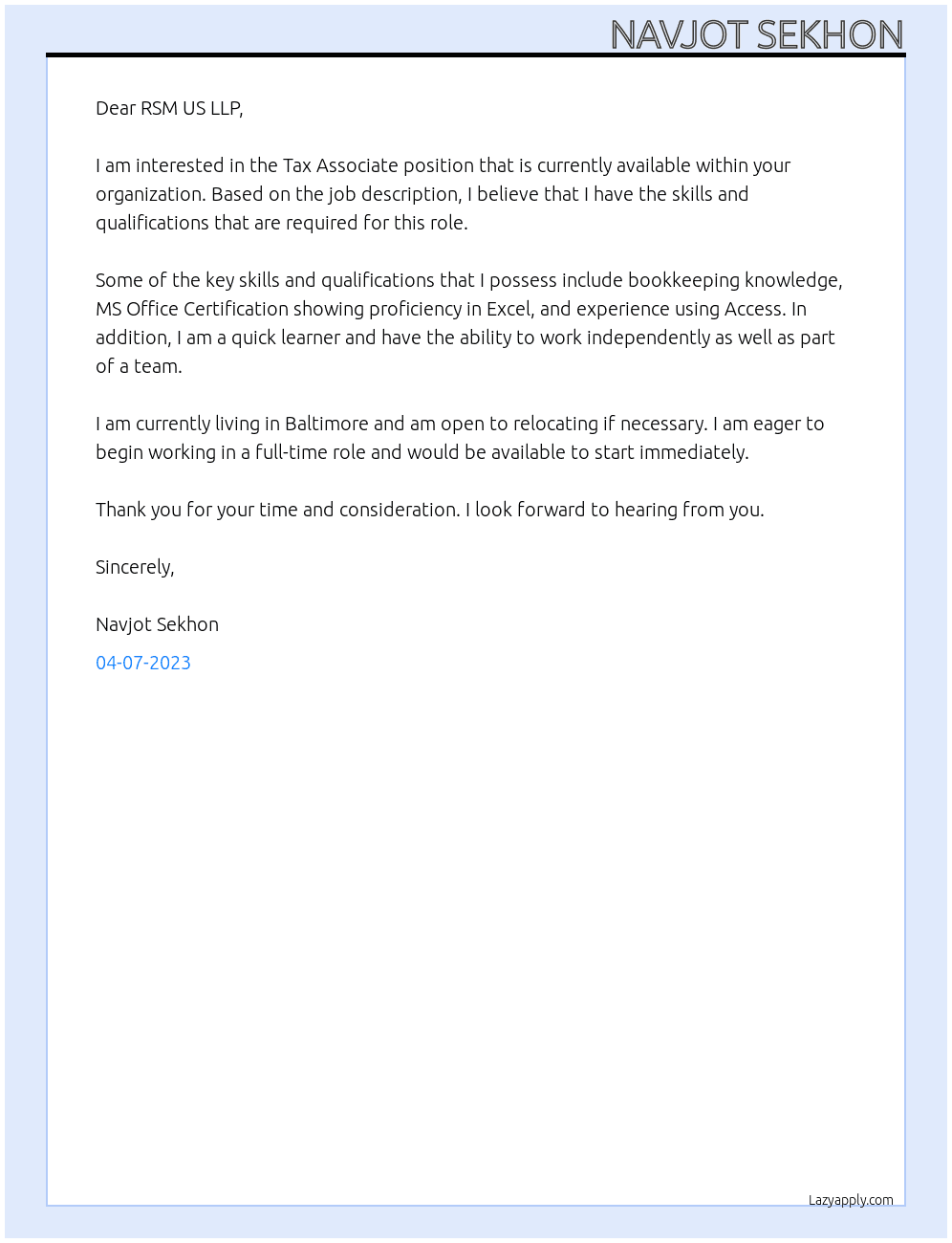 Tax Associate At RSM US LLP Cover Letter