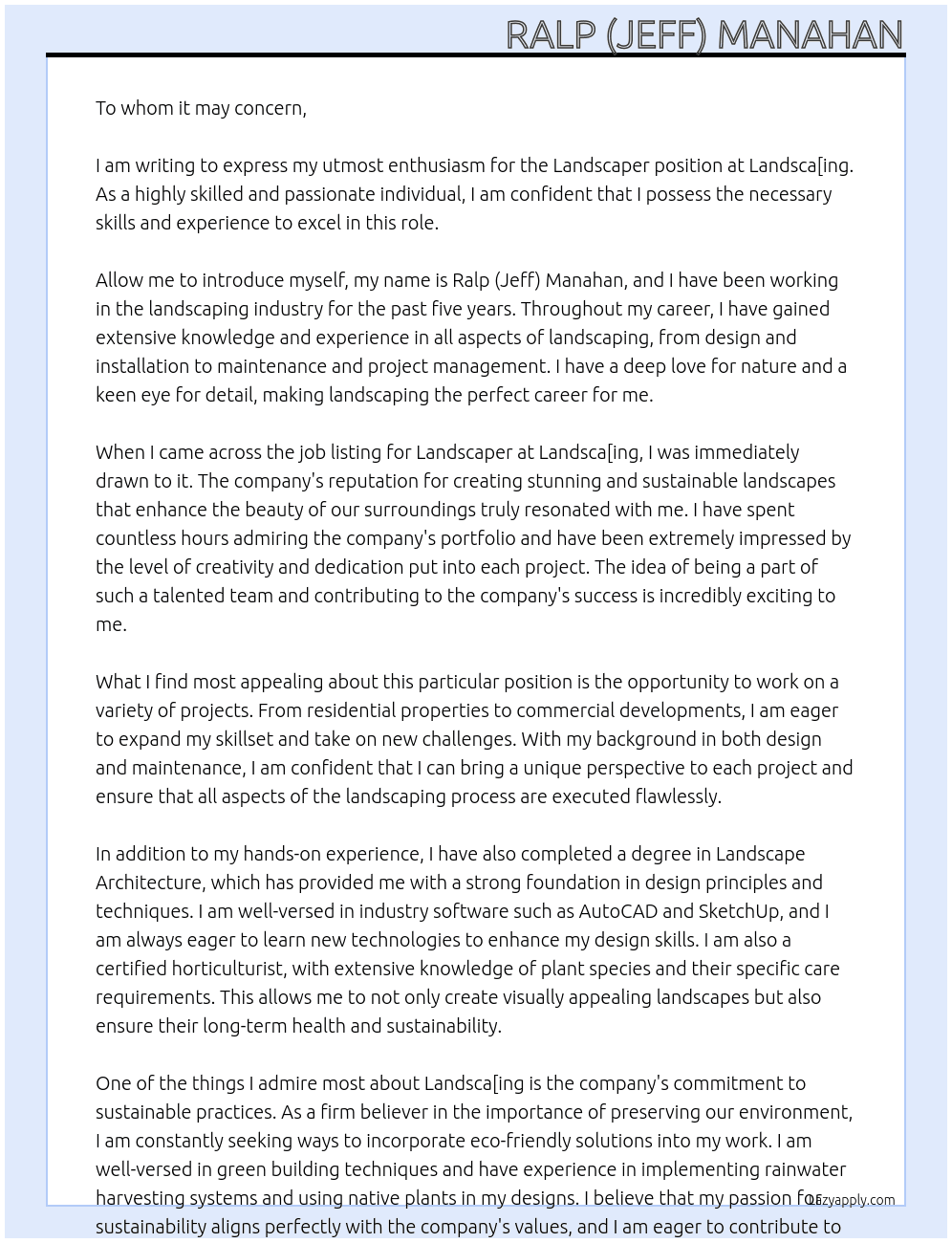 Landscaper At Landsca[ing Cover Letter