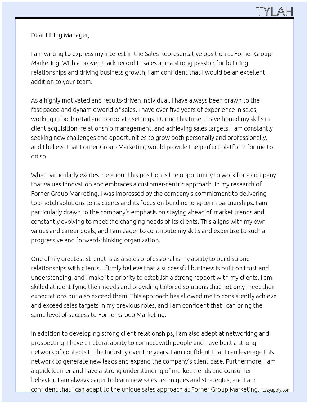 Sales Representative At Forner Group Marketing Cover Letter