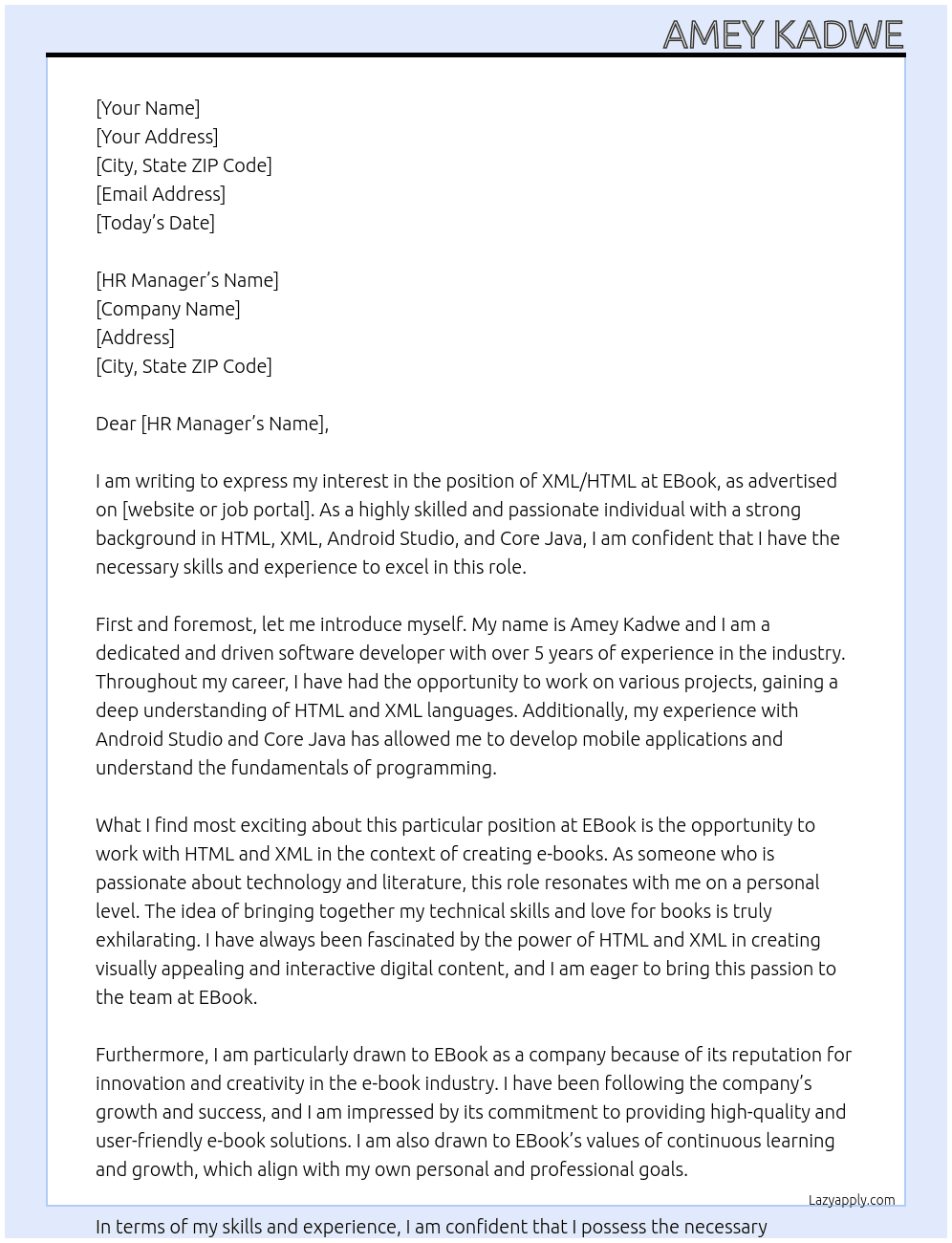 XML/html  At EBook Cover Letter