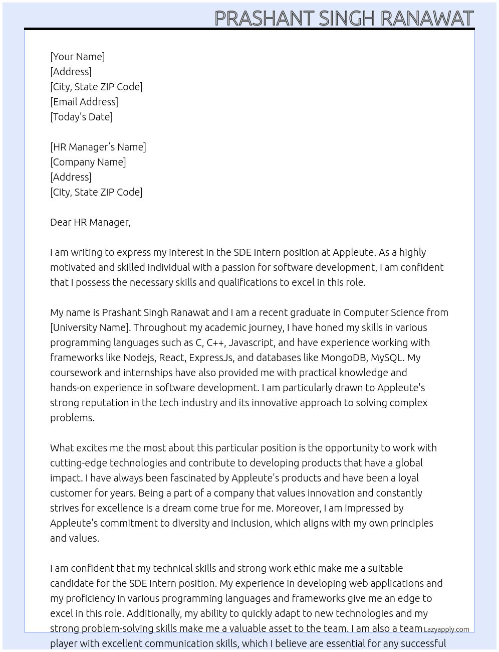 SDE Intern At Appleute Cover Letter