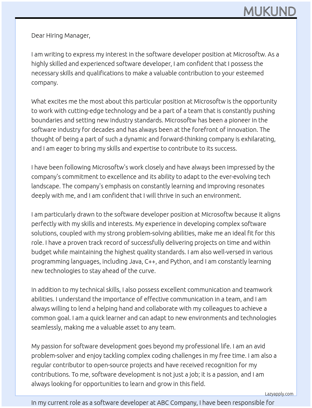 software developer At Microsoftw Cover Letter