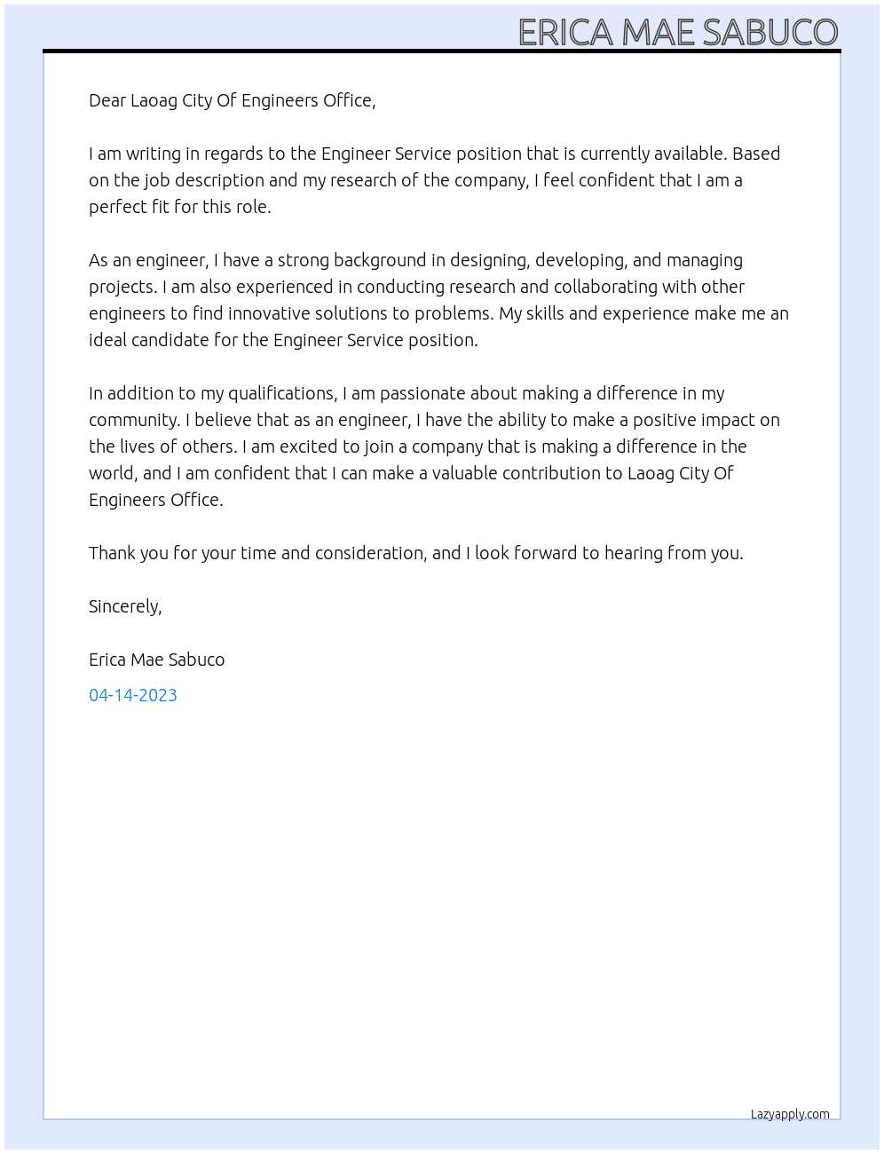 ENGINEER SERVICE At Laoag City Of Engineers Office Cover Letter