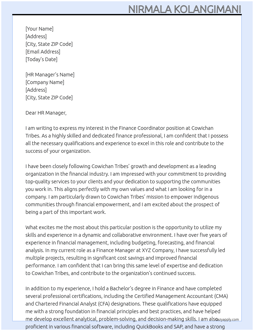 Finance Coordinator At Cowichan Tribes Cover Letter