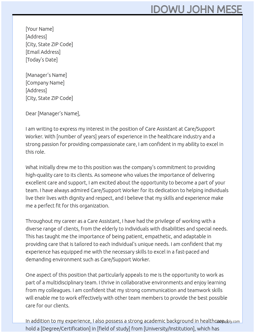Care Assistant  At Care/Support worker  Cover Letter