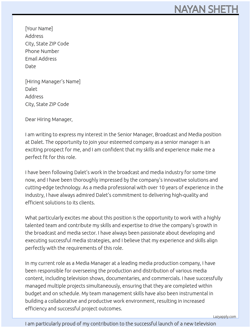 Senior Manager, Broadcast and Media At Dalet Cover Letter