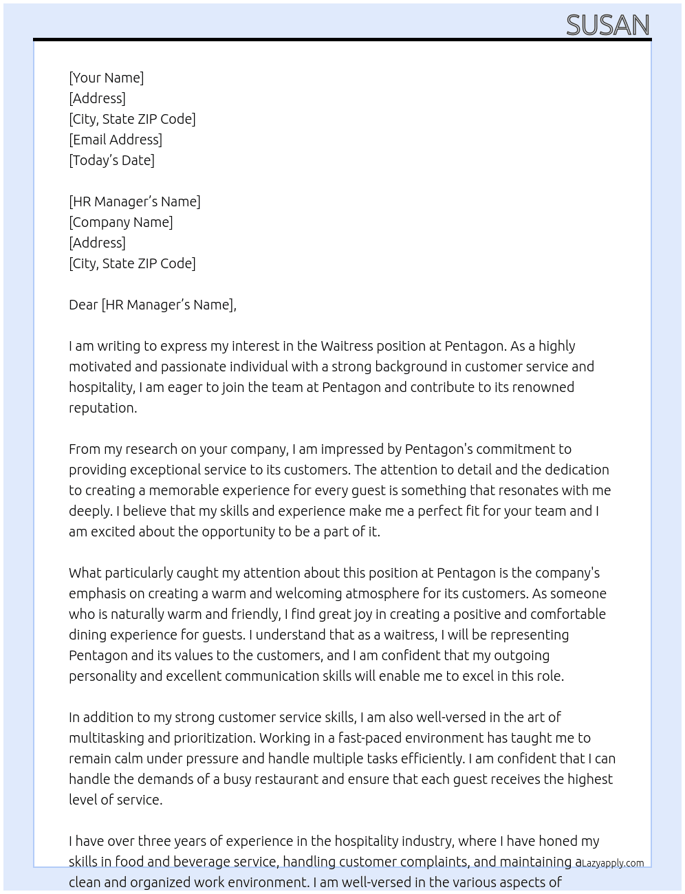 Waitress At Pentagon  Cover Letter