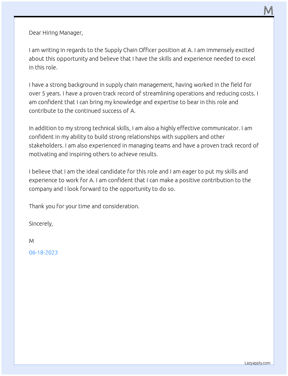 Supply Chain Officer At A Cover Letter