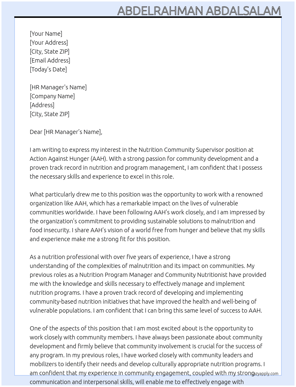 Nutrition Community Supervisor At Action Against Hunger AAH  Cover Letter